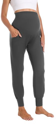 Foucome Pantalon de maternité pour femmes avec poches, extensible pour la grossesse, pour le sport, le jogging et la détente, gris foncé, XL