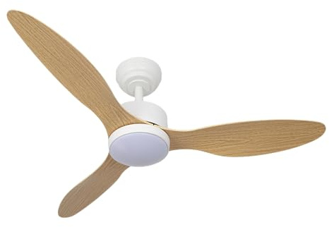 Abrila - Ventilador DC SERPA | Color Blanco con tres Aspas en Color Haya | con 6 Velocidades Ajustables | 3 Temperaturas de Luz | Temporizador y Regulador de Intensidad | Mando a Distancia Incluido