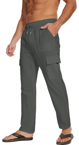 LVCBL Sommerhose Herren Leicht Leinen Cargo Strandhose Dunkelgrau 2XL