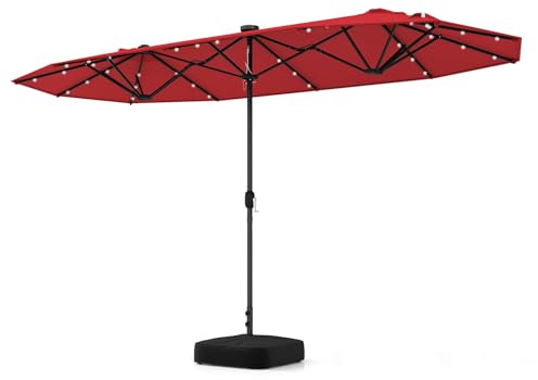 COSTWAY Ombrellone Giardino Doppio 400 x 200 cm, 36 Luci LED Solari (Rosso) | Manovella 12 Stecche, Base, Anti-UV, Rettangolare, per Giardino Piscina Cortile