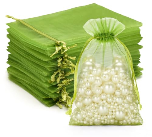 G2PLUS 100 Stück Salbeigrün Organzasäckchen 10x15cm: Geschenk Organzabeutel, Organza-Beutelchen mit Kordelzug Sie als Hochzeit Bonbonsbeutel, Schmuckbeutel, Geschenkbeutel