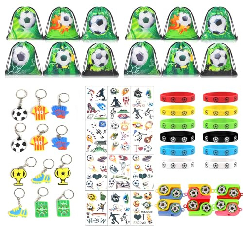 TAIXING 60 Stück Fußball Party Mitgebsel Kindergeburtstag, Fußball Mitgebsel Fussball Deko Geburtstag Kinder mit Kordelzug Taschen, Schlüsselanhänger, Tattoo Aufkleber, Trillerpfeife, Silikonarmband