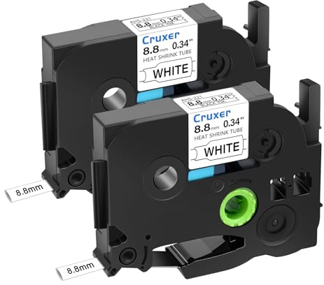 Cruxer 2er-Packung Kompatibel für Brother P-touch HSE-221 Schrumpfschlauch Schriftband，Schwarz auf Weiß Etikettenband 0,34'' 8.8mm x 1.5m Schriftband Ersatz für PT-P750W PT-D200 PT-H105