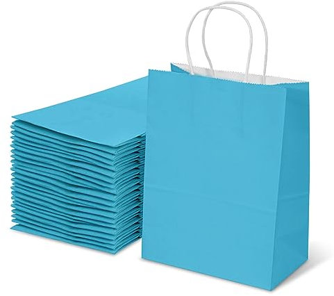 TOWRAP Blaue Geschenktüten, 25 Stück, 13,2 x 9,5 x 20,3 cm, kleine Papiertüten mit Griffen, Großpackung, Einkaufstaschen, Partytüten, Einzelhandelstüten, Geschenktüten