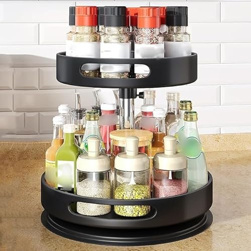 BRAVECOW Rotating Spice Rack 2 Tier Turntable Household 2-layer Storage Racks Height Adjustable Kitchen Desktop Cupboard Organizer