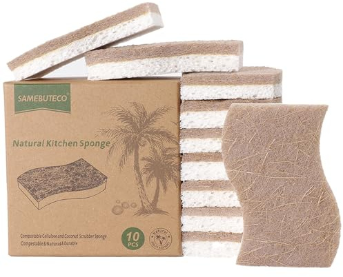 SAMEBUTECO Naturlig kökssvampskål svamp för kök kokosfiber och trä cellulosa skrubbsvampar för tunga kökssmuts S-form kök svampar 10 st