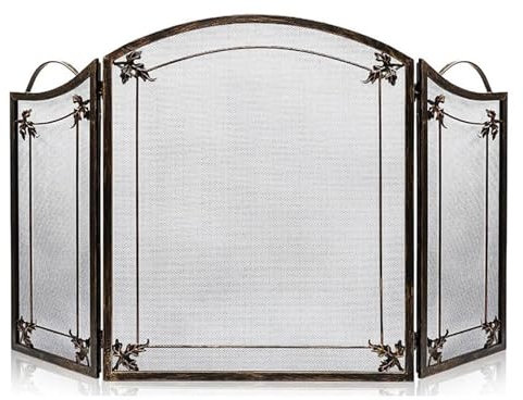 ASumPio Großer Hitzebeständiger Kaminschutz In Antikmessingfarbe, 130×80Cm, Schmiedeeiserner Funkenschutz Für Holzöfen,