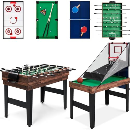 FCOUMY 5 in 1 Multi Spieltisch, Tischspiel multifunktional mit Tischfußball Hockey, Billard, Tischtennis, Basketball, Kombi-Tisch für Erwachsene