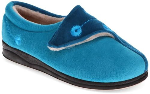 Pavers - Womens Wide Fit Warm Antibacterial Slippers in Blue Teal - Cushioned Insole - Flexible and Adjustable Slippers - Easy Touch Fastening Point - Size 5 UK