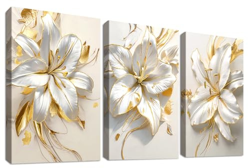 3Pcs Gold Weiße Lilien Blumen Mit Rahmen Leinwand Bilder Goldene Stämme Creme Beige Geblümt Bild auf Leinwand Malerei Wandbilder Wohnzimmer Schlafzimmer Badezimmer Wanddeko 90x40cm (12x16x3pcs)