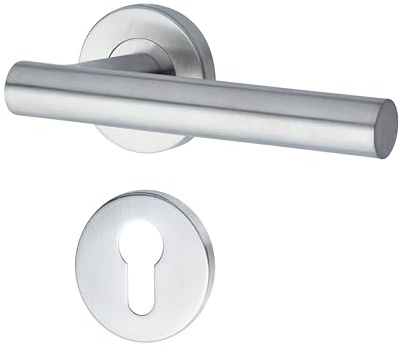 Yale Set di maniglieT-Shape in acciaio inossidabile per porta con rosetta per cilindro europeo 35-S1TS-RRCY-88-3101, satinate, design moderno, adatto per porte interne ed esterne
