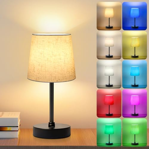 Smanu Rechargeable Cordless Table Lamp, Small Battery Operated Bedside Lamp, 3 Color & 7 RGB Dimmable Touch Control with Fabric Shade for Living Room/Nightstand/Restaurant/Party/Bar（Beige）
