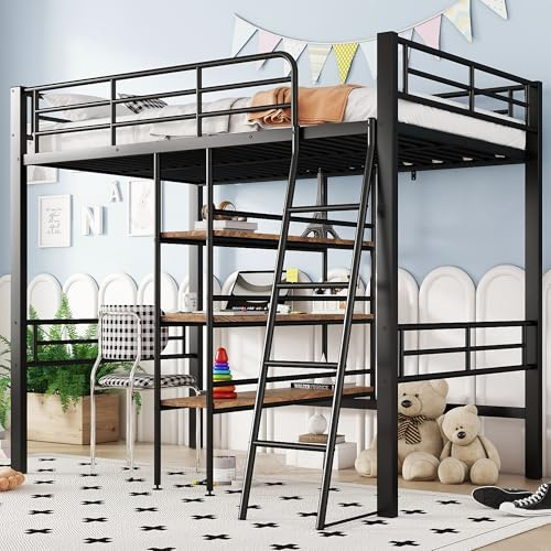 Huayz Lit mezzanine 90 x 200 cm, convient aux adolescents et aux enfants, lit avec bureau, plusieurs étagères, balustrade, échelle, cadre en fer, sans matelas
