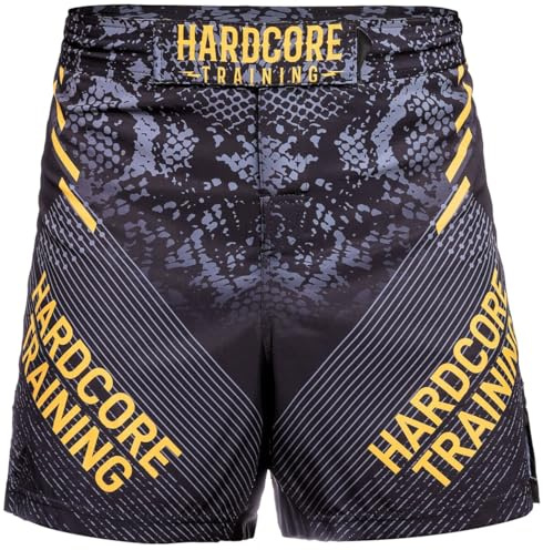 Hardcore Training Boxing Dragon Fight Shorts Hombre Pantalones Cortos MMA BJJ Boxeo Grappling Fitness No Gi (FR/ES, Letras, XXL, Regular, Regular, Black Grey Yellow)