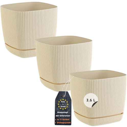 Engelland - 3 x Blumentopf mit Drainagesystem, Untersetzer, Farbe: Beige, Rillenoptik, Pflanz-Topf, Kübel, modern, Kunststoff, quadratisch, 18 x 18 cm, 3,6 Liter