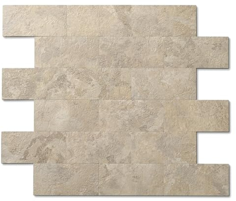 OYASIMI 10 Pieces Beige Stone Stick on Tiles Kitchen Backsplash, 13.5X11.4 PVC Wall Tiles, Self Adhensive Splashback for Kitchen & Bathroom