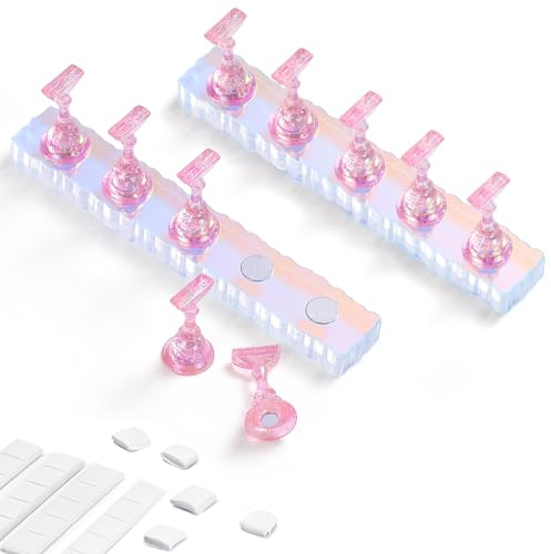 Etercycle 2 Set Nail Holder for Display Painting Nails - Aurora Acrylic Magnetic Practice Nail Stand Set - Fake Nail Holder for Press On Nails with Reusable Adhesive Putty (Pink)