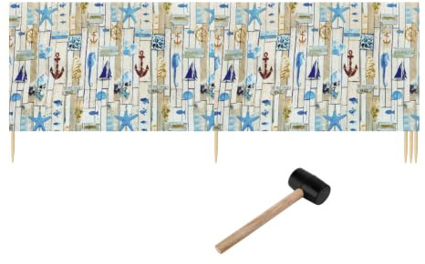 Ladeheid Windschutz Strand Strandzubehör Sichtschutz Holzstäbe LAEX001 | Sichtschutz für Strand und Camping, als Windfang im Sand, maritimes Muster, praktisches Strandzubehör mit Holzstäben