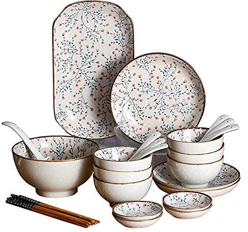 SGKOMN Service de Table rétro en céramique 18 pièces, pour 4 Personnes, Bols à Riz, Assiettes à Salade, Service de Table pour collations, salades, Desserts - Compatible mi