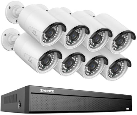 SANNCE 4K POE CCTV Security Camera System, 16 Channel NVR 8MP with 8x Surveillance Cameras, 2-Way Audio Recording, Human/Vehicle Detection, NO HDD