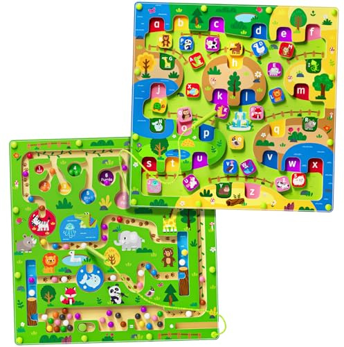 Montessori Toys for Boys and Girls 3-5 Age 2 in 1 Magnetic Color and Number Maze Car Zoo Maze Magnet Alphabet Counting Double Sided Board Wood Puzzle Preschool Toys Gifts (Big Zoo, One Size)