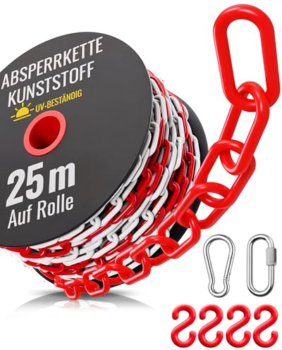 Premium Absperrkette Rot Weiß Kunststoff 25m - UV Beständig, Witterungsfest