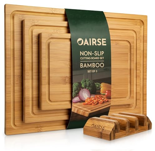 Bamboo Cutting Board for Kitchen, 3 Packs Large Cutting Boards with Juice Grooves & Holder Kitchen Cutting Boards Set with Stand Bamboo Chopping Board for Meat, Vegetables, Fruits
