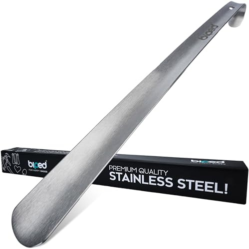 biped långt skohorn i metall, borstat rostfritt stål – extra robust skohjälp i snygg presentask – långt premiumskohorn för daglig komfort z2932(43cm,silver)