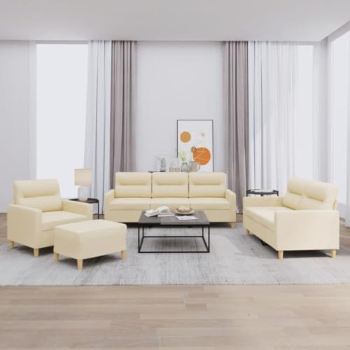 HETFTJN Creme Stoff Sofagarnitur 4-TLG mit Hocker Modernes Big Sofa für Wohnzimmer Sessel Zweisitzer Dreisitzer kleine Couch 198 cm Breite