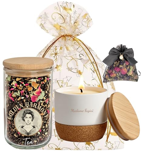 Madame Fagini Golden Harmony Duftkerze & Tee-Mischung mit Geschenkbeutel & Duftkissen | Kerze & Tee Geschenkset | Perfekte Weihnachtsgeschenke für Frauen, Geschenkidee für Frauen (Duftkerze & Tee)