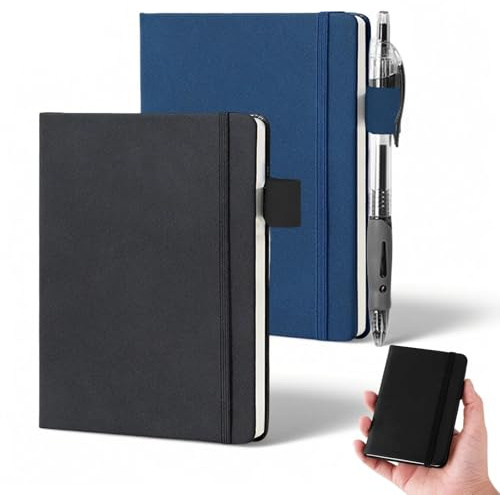 2 stk små A7 anteckningsblock, 8x11cm fickanteckningsböcker med linjerade 192 sidor, PU-läder med gummiband och pennfäste – för resor och skolan (blått och svart)