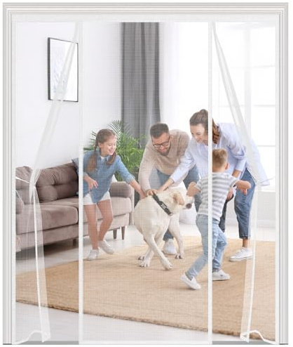 Magnetic Fly Screen for Double Doors,175x200cm Heavy Duty Polyester Mesh Door Curtain, Silent Self-Closing with Double-Sided Opening, 4cm Wide Top Tape,Pet Friendly,White