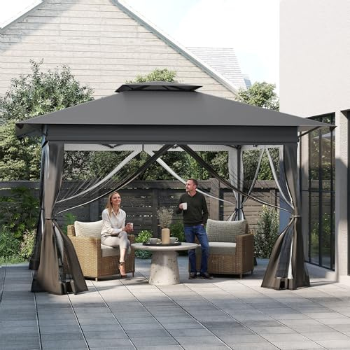 TATIVALO 16 m² Pop-Up Gartenpavillon Anthrazit – Faltbares Partyzelt mit Doppeldach, 4 Moskitonetzen, UV-Schutz, 3-Fach höhenverstellbar, 210D Oxford-Gewebe, inkl. Tragetasche