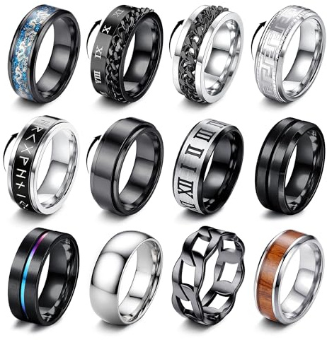 Morfetto 12 Piezas Anillos Hombre Plata Negro Anillos de Acero Inoxidable Anillo Antiestres Alianzas Boda Compromiso Promesa Anillo Giratorio Vintage Sencillo Tallas 10