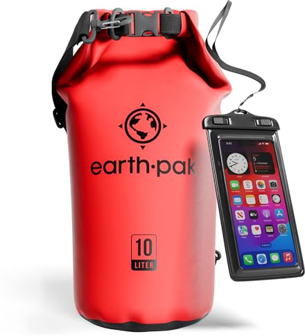Earth Pak -Waterproof Dry Bag - Roll Top Dry Sack Keeps Gear Dry for Boating, Hiking, Camping and Fishing with Waterproof Phone Case (Red, 10L)