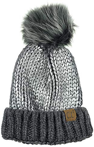 C.C Women's Faux Fur Pom Shiny Metallic Finished Knit Beanie Hat-Dk. Mel Grey/Silver