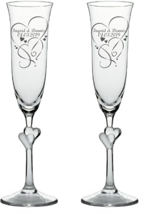 Sekt-Champagner-Gläser, Sektkelche L'Amour, graviert, 2er Set personalisiert-e Gravur, satinierte Herzen, ein persönliches Geschenk zur Hochzeit, Jahrestag, Valentinstag