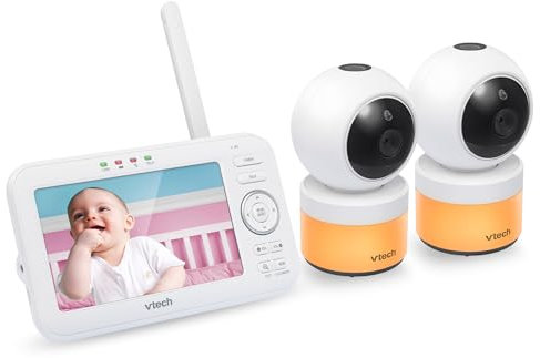 [Upgraded] VTech VM5463-2 Video Baby Monitor 5 LCD with 2 Cameras, Battery 12 Hrs. Video Mode, Pan Tilt Zoom, Color Night Light, Glow On The Ceiling Projection, Sound Activated Features, Two-Way Talk