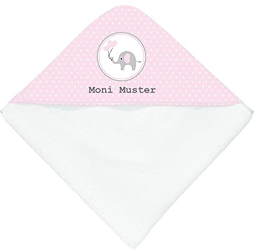 Manutextur Kapuzenbadetuch mit Namen - personalisiert - Motiv Elefant rosa - viele Motive - Kapuzenbadetuch- weiß - Größe 80x80 cm - persönliches Geschenk mit Wunsch-Motiv und Wunsch-Name