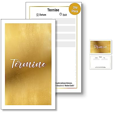 Frank Paperman® | 200 x Terminzettel gold | mit hochwertiger Goldfolienprägung | 4 Termine auf einem terminzettel praxis | Visitenkartenformat | hochformat