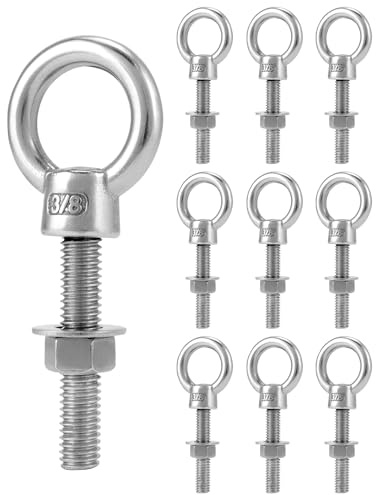 QWORK Threaded Eyebolts, 10 Pack 3/8 x 2 Long 304 Stainless Steel Marine Grade Shoulder Eye Bolt