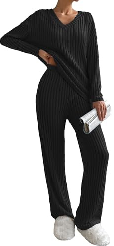 Famulily Pigiama da Donna Set da Notte, Completi da Donna a Costine 2 Pezzi Abbigliamento per il Tempo Libero Set Loungewear Tute Casual Abbigliamento da Casa Scollo a V Maglioni a Maniche Lunghe e