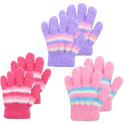 Fadcaer 3 Pairs Kids Knit Gloves - Boys & Girls Winter Warm Stretchy Full Finger Mittens - Knitted Thermal Gloves for Kids Boys Girls Toddlers 3-8 Years