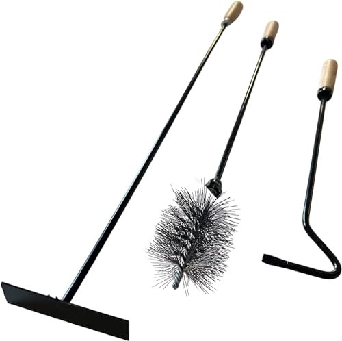 pokm toolsmarket - 4 Tlg. SET Heizkesselbürste Ø40mm + Schubstange + Schürhaken 50cm + Ascheschaber 70cm mit Holzgriff Kaminbesteck Reinigungsset für Kamin Ofen