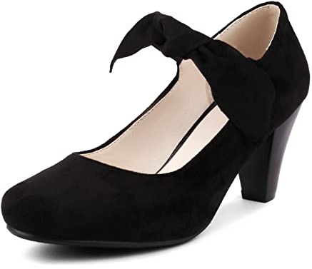 elerhythm Zapatos de mujer Bowknot Mary Jane Bow Retro Tacones de los años 50 Vintage Faux Suede Cerrados Redondos Zapatos de Dedo de los años 20 Gatsby Oficina Cómodos Bowtie Dressy Zapatos, Negro ,