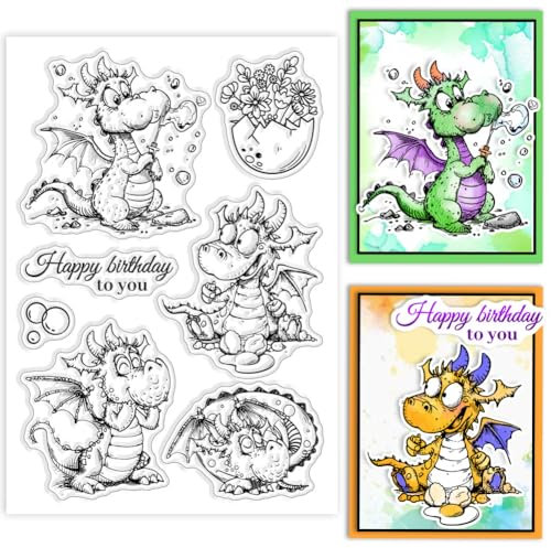 GLOBLELAND Transparente Stempel Mit Cartoon Drache Blumen Ei Seifenblasen - Silikonstempel Für DIY Scrapbooking Fotoalbum Dekorative Karten