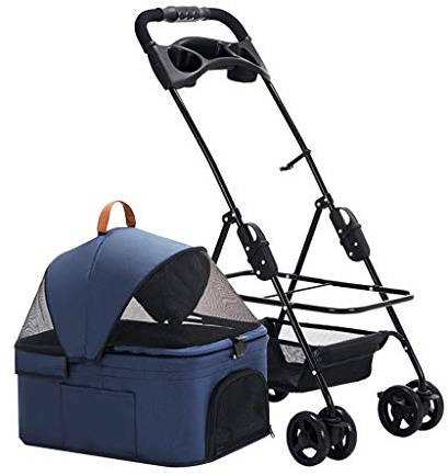 Kattvagn for 2 katter, hundvagn for små medelstora hundar, hundvagn Kattvagn med avtagbar mugghållare, hopfällbar 4-hjulig hundvagn Barnvagn Resehållare(Blue)