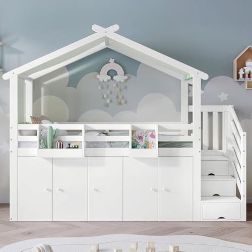 Doyisy Litera, cama infantil, con barandilla, 1 armario y 2 taquillas, con 3 taquillas en la escalera, tela a rayas, color blanco y verde, 90 x 200 cm