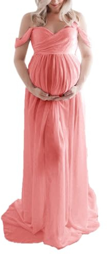 xuergu Robe de photographie de maternité couleur unie épaules dénudées robe en mousseline de soie avec fente sur le devant longue robe de séance photo de grossesse, rose foncé, M