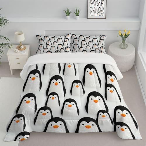 DLERFLOVR Edredón Relleno Nórdico Cama 105 Nórdico 4 Estaciones Estampado Pingüino De Dibujos Animados Edredón Animales Lindos Suave y Ligero con Fundas 200x200cm, Blanco